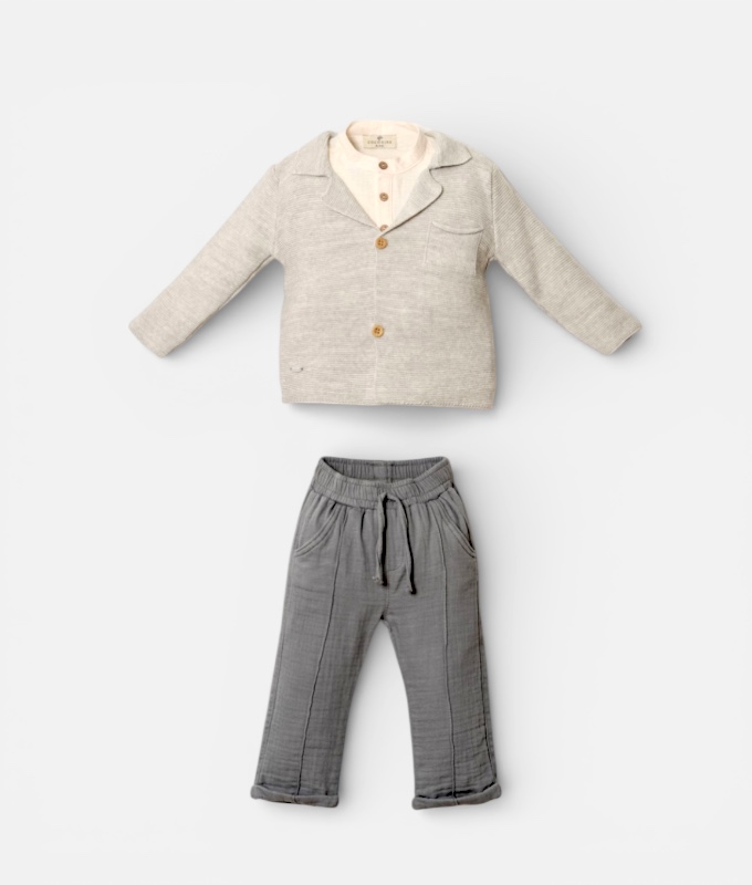 Erkek Çocuk Gri Hırka Ekru Sweat ve Gri Pantolon Şık Üçlü Takım / 2 Yaş