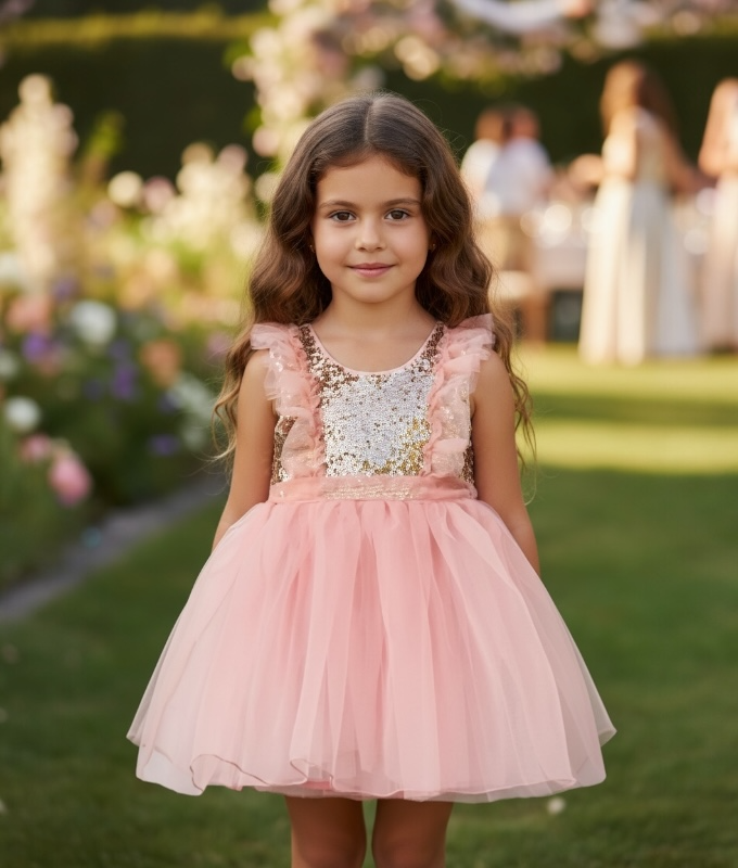 Kız Çocuk Pul Payet Detaylı Pembe Organze Abiye Elbise