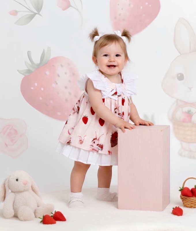 Kız Bebek Tavşan ve Çilek Sepeti Desenli  Masalsı Elbise