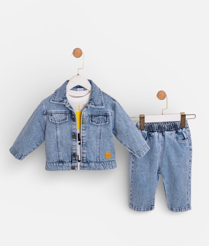 Erkek Bebek Güneş Temalı Kot Ceketli T-Shirt ve Kot Pantolon 3’lü Takım / 9-12 Ay
