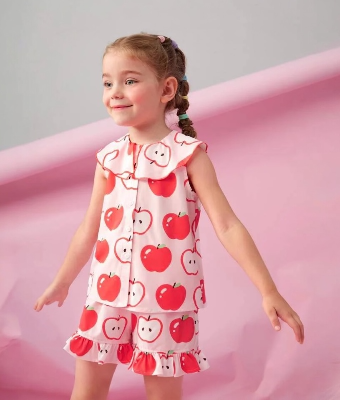 Kız Çocuk Elma Desenli Yazlık Gömlek Şort Takım