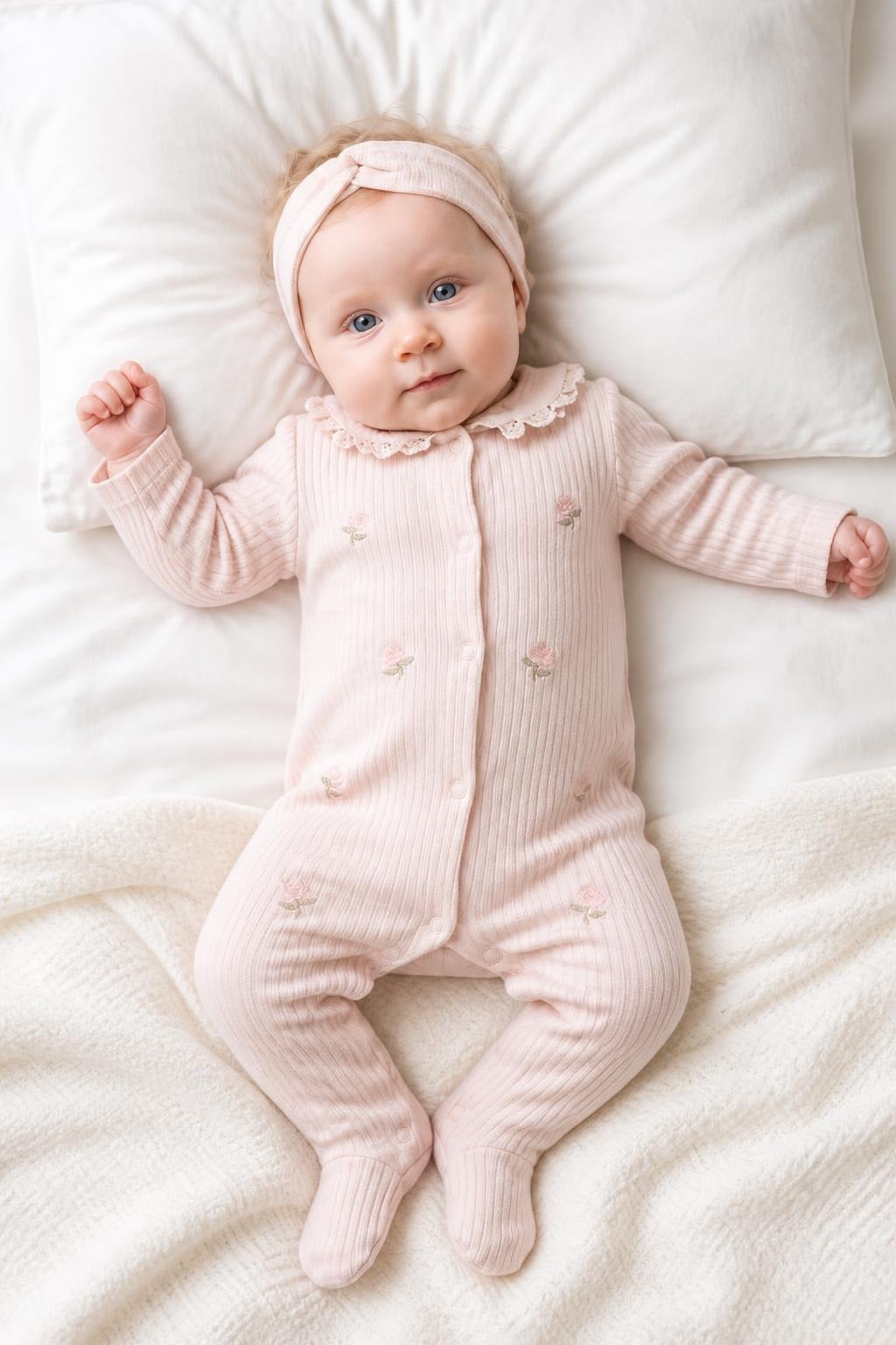 Kız Bebek %100 Pamuk Fitilli Çiçek Nakışlı Tulum ve Saç Bandı / 3-6 Ay