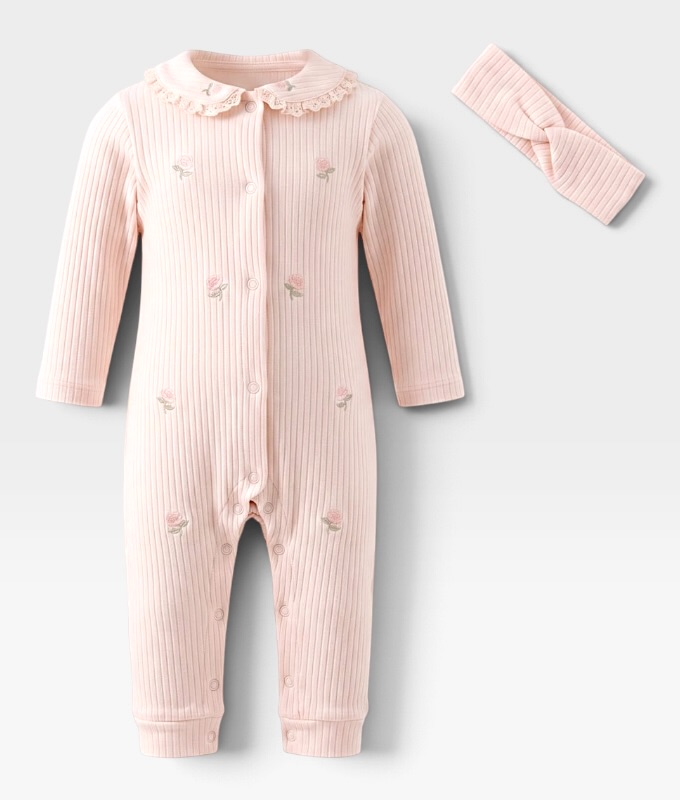 Kız Bebek %100 Pamuk Fitilli Çiçek Nakışlı Tulum ve Saç Bandı / 3-6 Ay