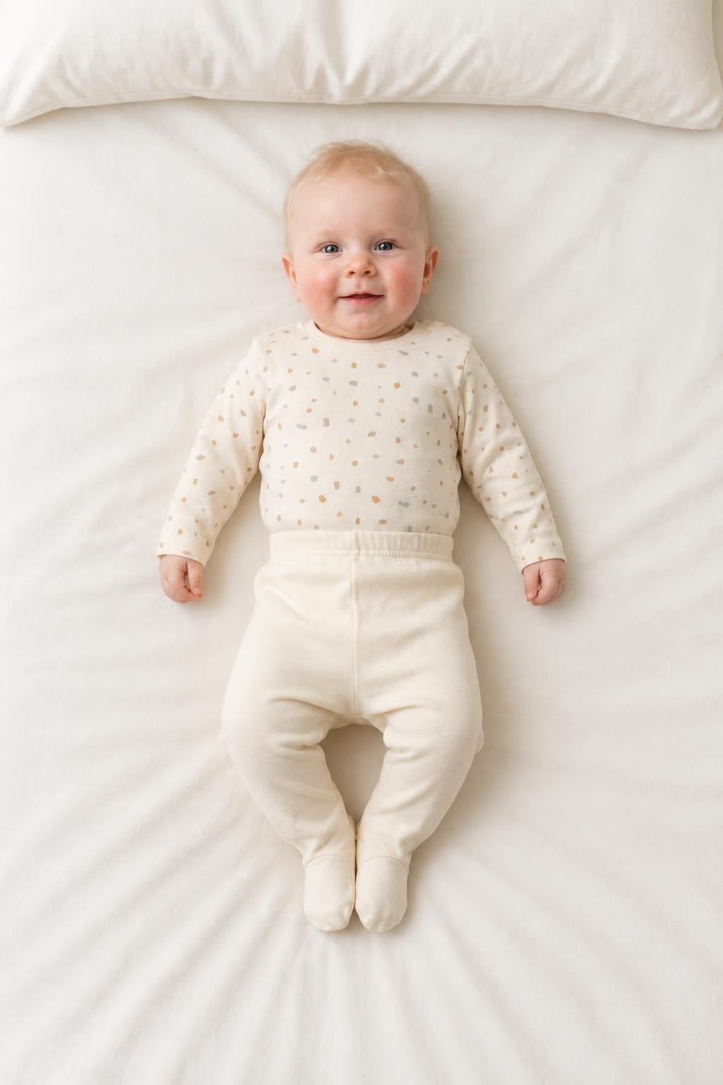 Unisex Bebek Krem Benekli Zıbın Seti Uzun Kollu Çıtçıtlı Body Patikli Alt / 3-6 Ay
