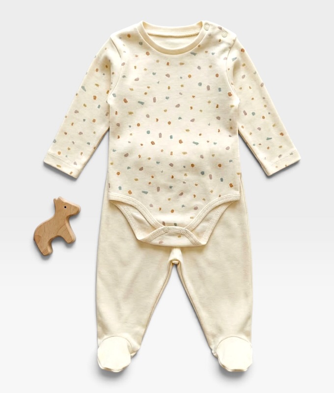 Unisex Bebek Krem Benekli Zıbın Seti Uzun Kollu Çıtçıtlı Body Patikli Alt / 3-6 Ay