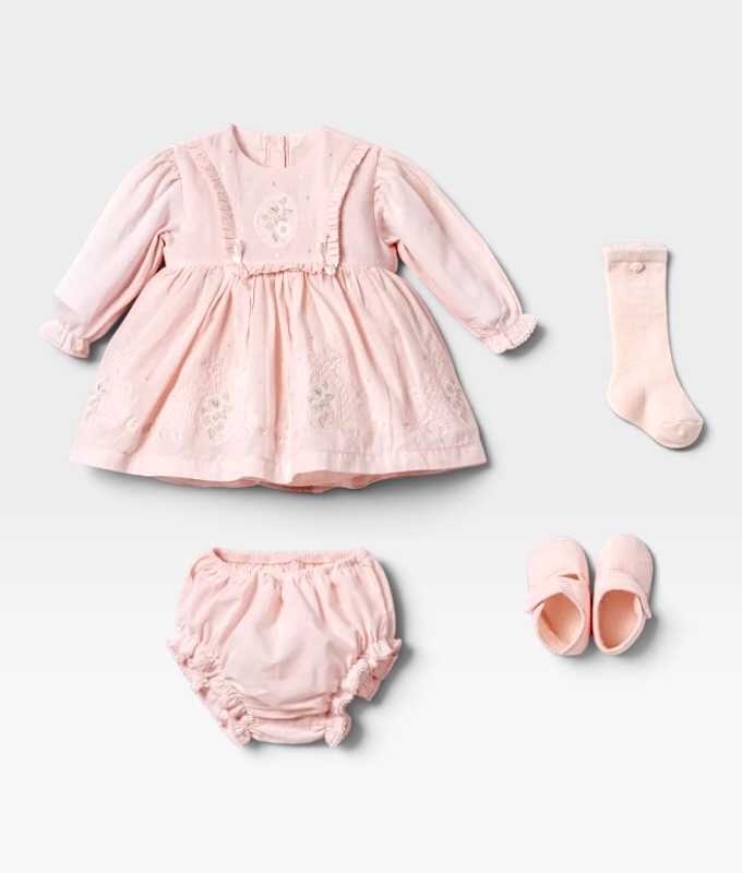 Kız Bebek 3-6 Ay Pudra Pembe Çiçek Nakışlı Kutulu Set / 3-6 Ay