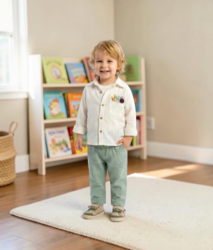 Erkek Bebek Müslin Gömlek Sweatshirt & Mint Pantolon 3'lü Takım / 6-9 Ay