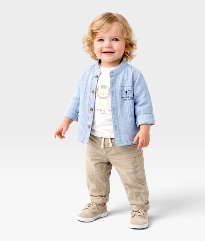 Erkek Bebek Mavi Müslin Gömlek Koala Nakışlı Sweatshirt Krem Pantolon 3'lü Takım / 6-9 Ay