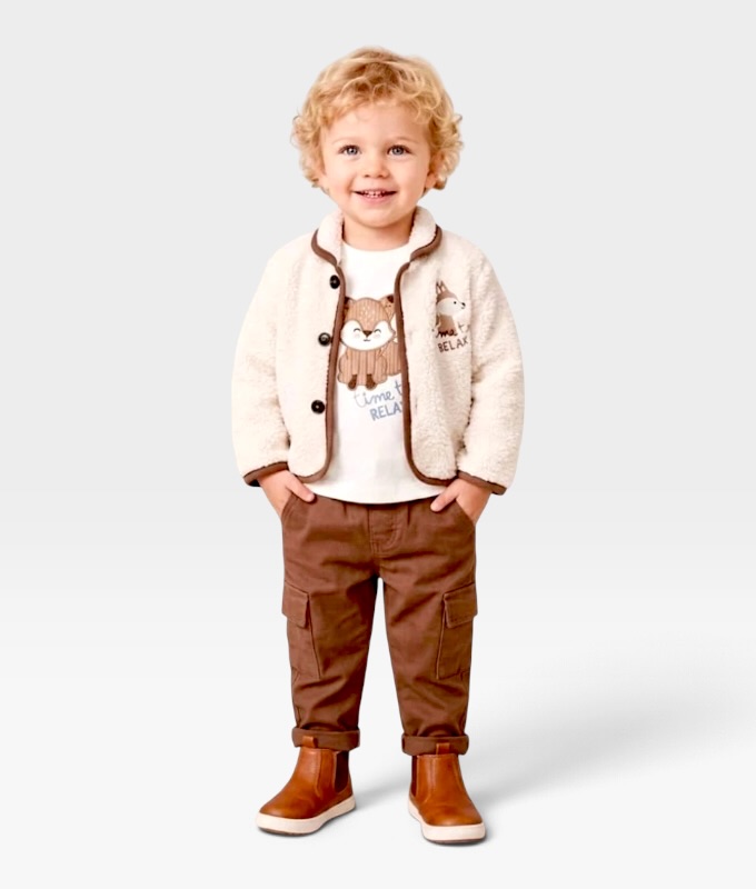 Erkek Bebek Kışlık Peluş Mont Tilki Figürlü Sweatshirt Kahverengi Pantolon Takım / 9 Ay
